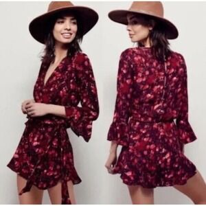 Free People All the Right Ruffles Romper Berry Combo Maroon Bell Sleeve Size M